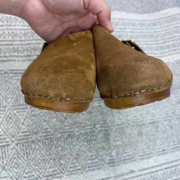 Anthropologie Brown Suede Wooden Platform Clog Sandals, Adjustable Buckle Strap - Picture 9 of 10